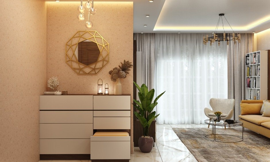 1bhk home design with foyer unit with textured wallpaper and pendant lights