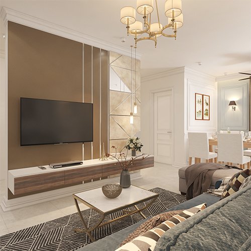 Affordable interior designers in Gachibowli designed a living room with floating TV unit