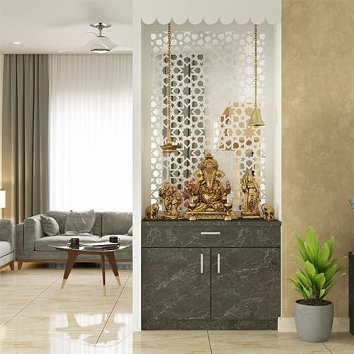 Affordable interior designers in Gandhinagar created a living room with a pooja unit