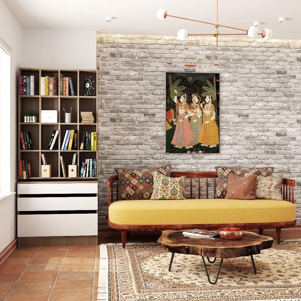 Affordable interior designers in Thoraipakkam designed a living room with staning bookshelf