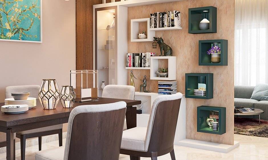 Dining room wall shelf decor with artefacts or decor items