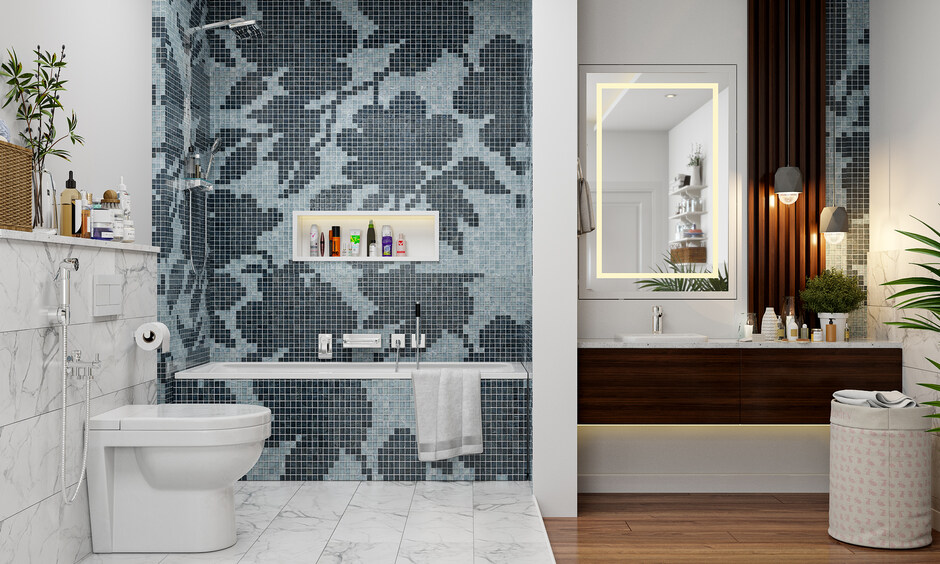 White bathroom interior featuring blue floral mosaic tiles, bathtub, and shower niches.