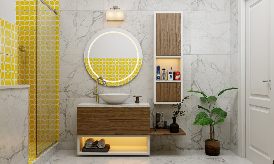 Bathroom interior featuring wooden vanity, marble countertop, and wall storage units.