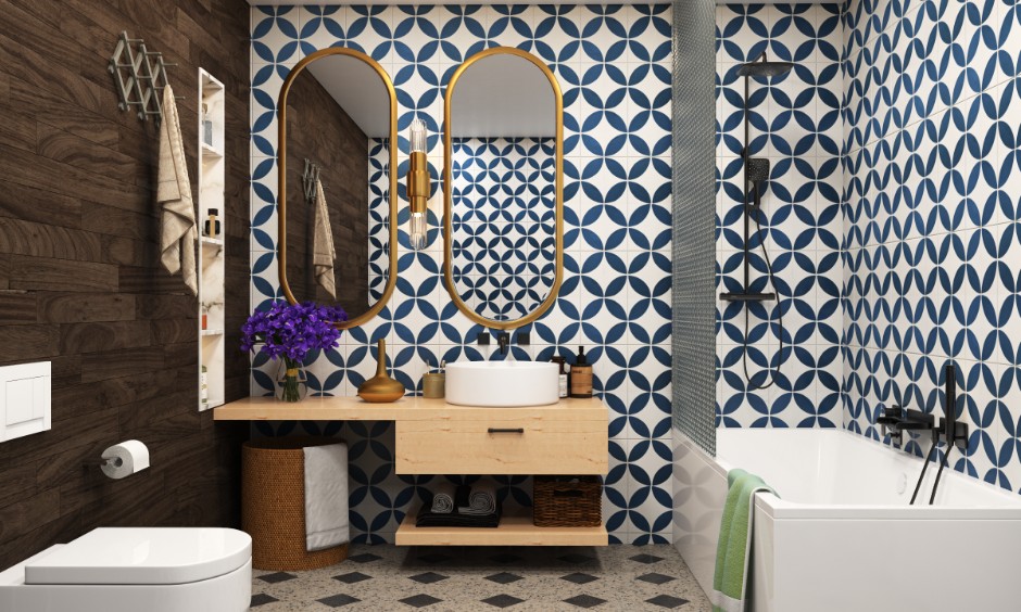Glossy wall tiles with matte floor tiles showing bathroom tile finish and texture contrast