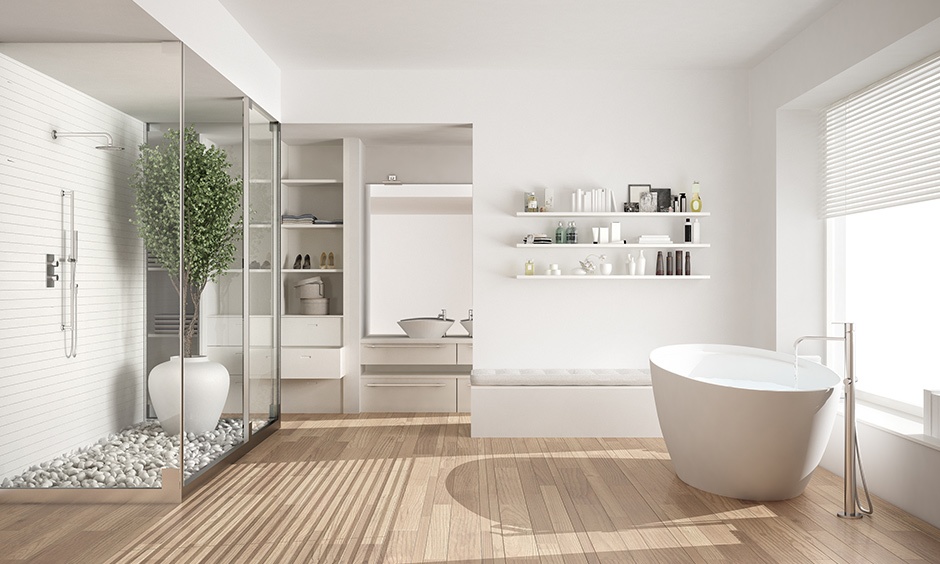 Stone-textured hero bathroom tile paired with neutral supporting tiles for a balanced design