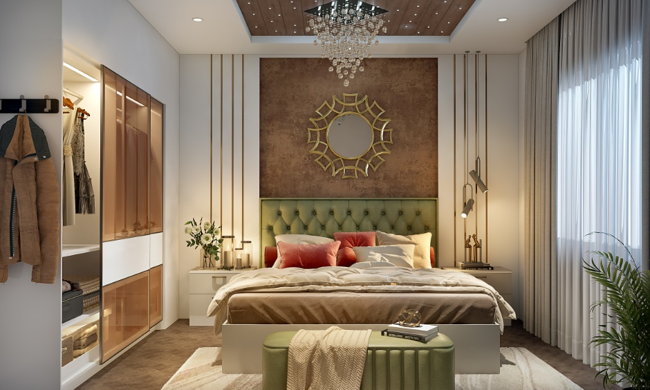 Warm tray false ceiling with wooden panel and chandelier showing modern bedroom ceiling design ideas for Indian homes