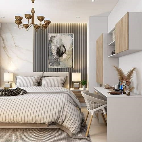 Bedroom interior designers in Jayalakshmipuram designed a bedroom with study unit
