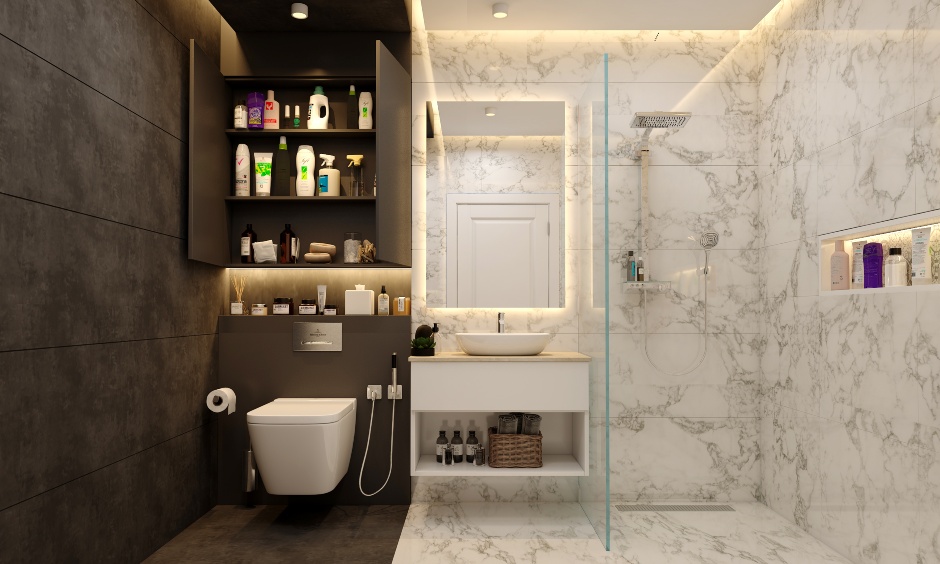 Black and white modern bathroom design with floating vanity and mirror backlighting over marble