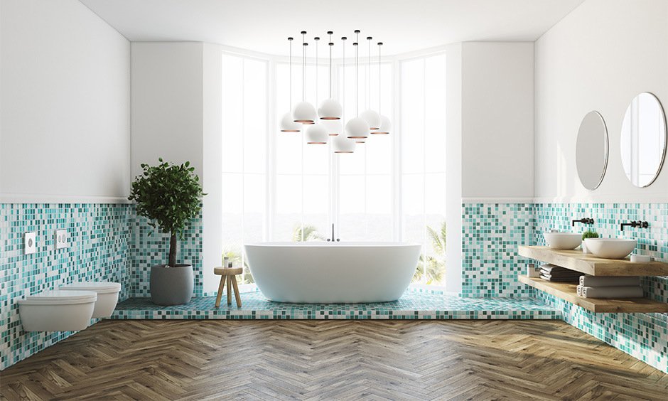 Different blue bathroom tiles design ideas for floors and walls