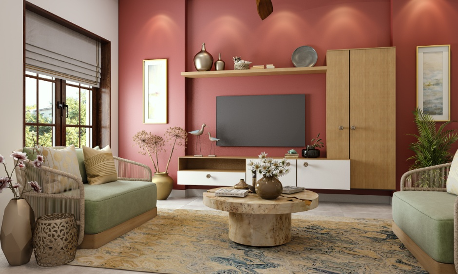 A muted colourful living room uses affordable accents to create a calming joyful mood.