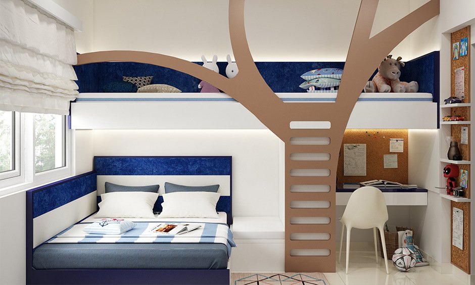 Blue and white bunk bed with a desk underneath and stairs in brown colour emits relaxed vibe