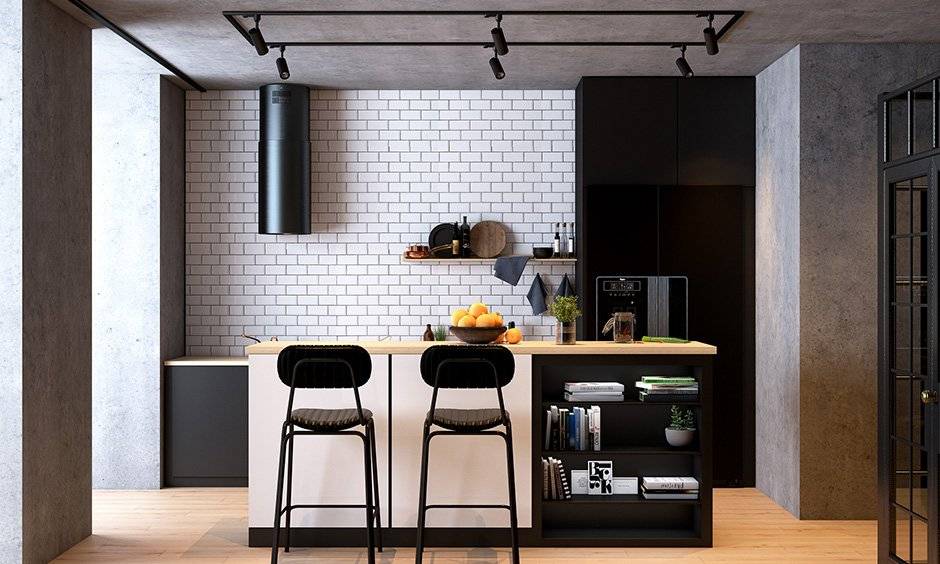 An affordable kitchen island with track lights lends minimal look