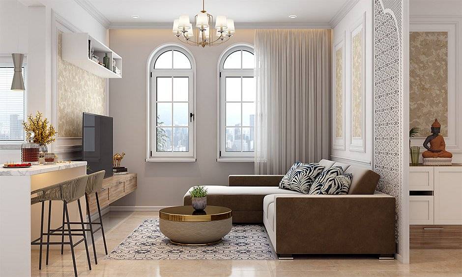 Choose false ceiling with chandeliers for rectangular living room