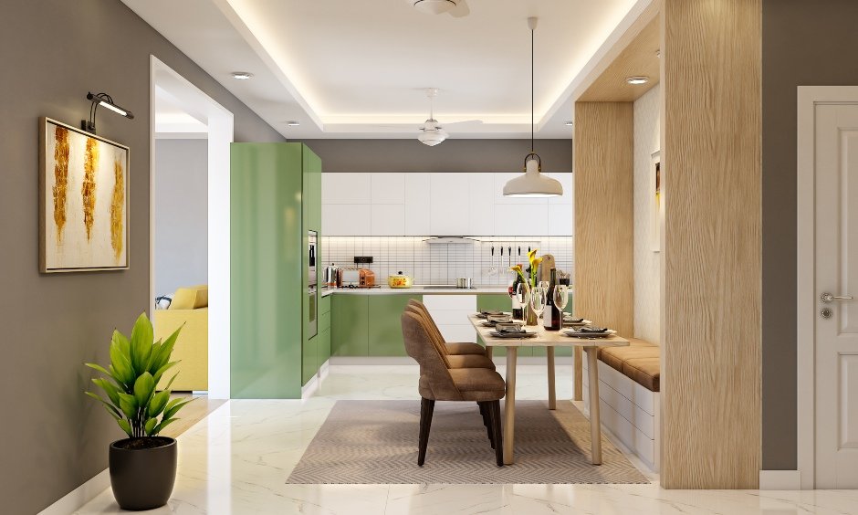 Dining cum kitchen area for 3-bhk villa house design
