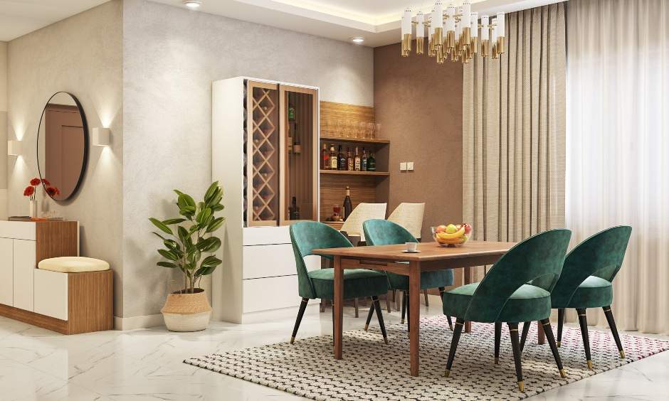 Dining room design with neutral colour scheme makes the space look spacious and airy with chandelier and four velvet upholstered chairs