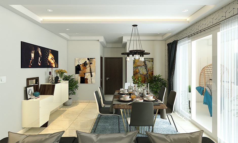 Dining room interior design with modern furniture and elegant lighting