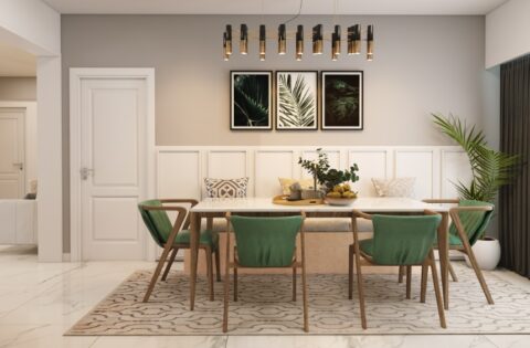 Dining room trends 2026 with contemporary table, muted tones and hardwood flooring.