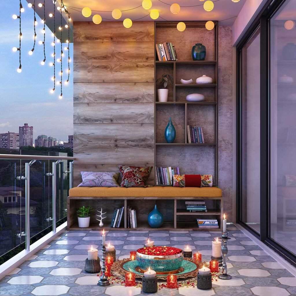 Decorate your balcony using chandeliers, lantern, starry lights and more using Design Cafe's Diwali Lighting Ideas for Balcony