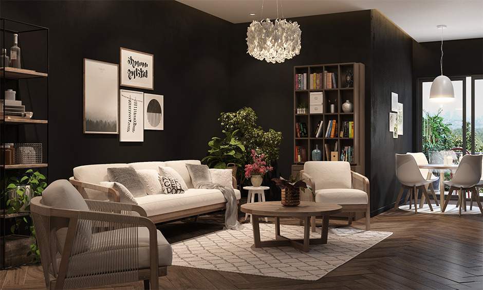 Drawing room wall colour design in black, balanced by white and metallic accents for a refined, modern aesthetic