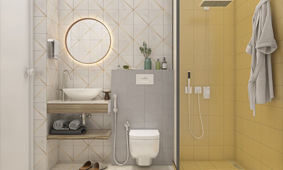 Dual toned bathroom designed in 1bhk house interior design