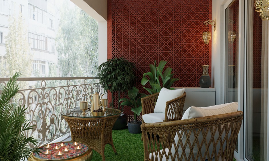 Front balcony design with terracotta wall and greenery showing smart layout planning for small balcony spaces