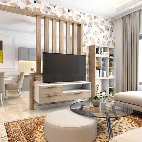 Gandhinagar interior decorators designed the living room with a corner bookshelf