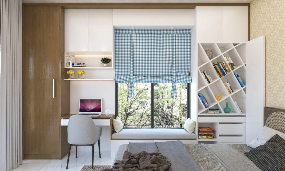 Home office beside the window with seating and floating shelves