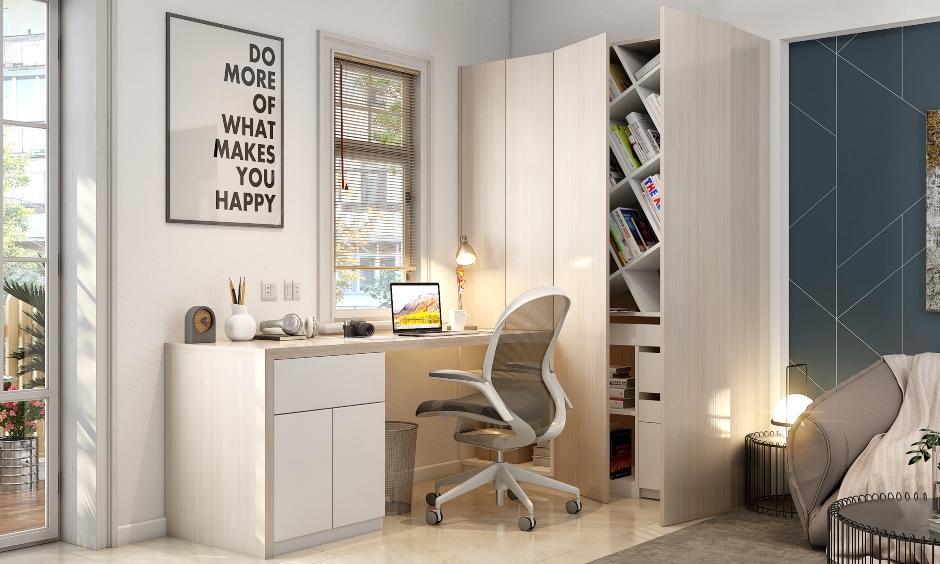 Home office table design with an attached to a tall closed bookshelf