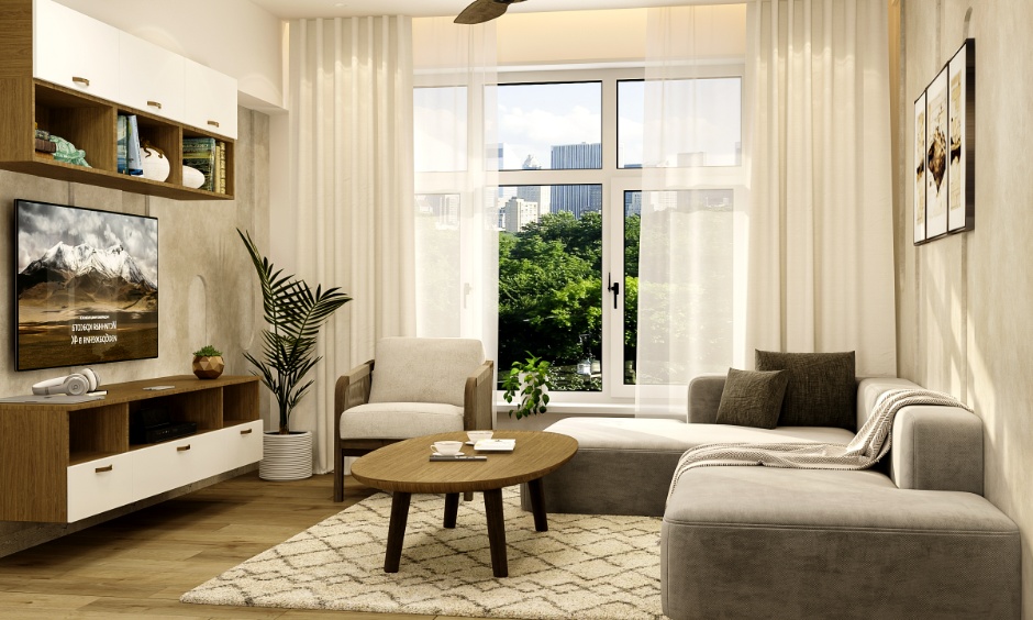 Trending living room colour 2026 with earthy neutrals, muted greens, and warm terracotta tones.