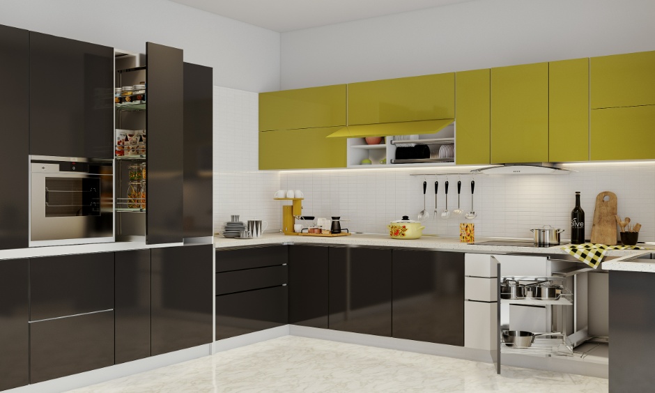 Compact modular kitchen illustrates important trends in space-saving interior design for urban homes.