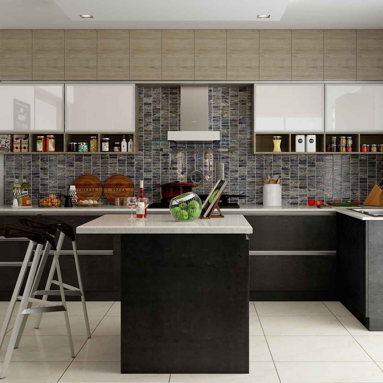 Kitchen layout with island in the middle with white countertop with duco finish cabinets in l shaped kitchen designs for indian homes