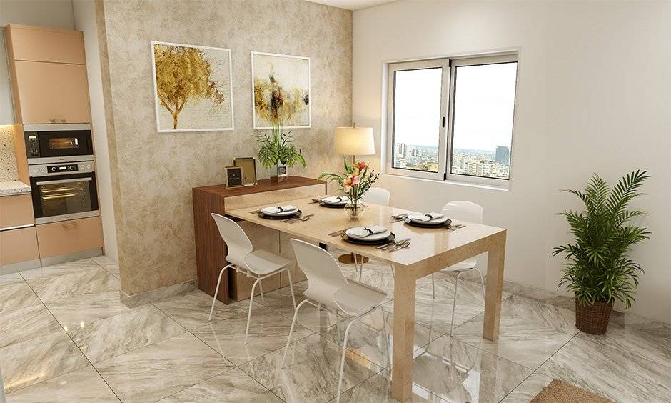 Kid-friendly living room with a foldable dining set doubles up as a helpful side cabinet
