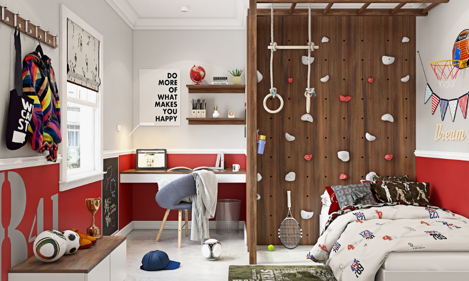 Playroom zones with a reading nook, craft table, and learning boards offer a fun and skill-building space.