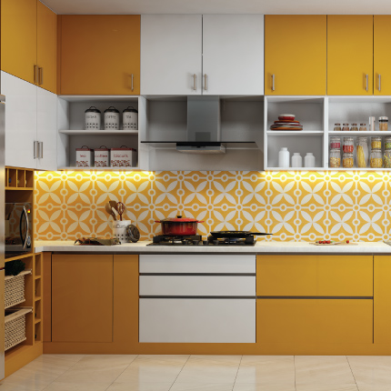 Stylish yellow and white kitchen cabinets in Coimbatore with storage