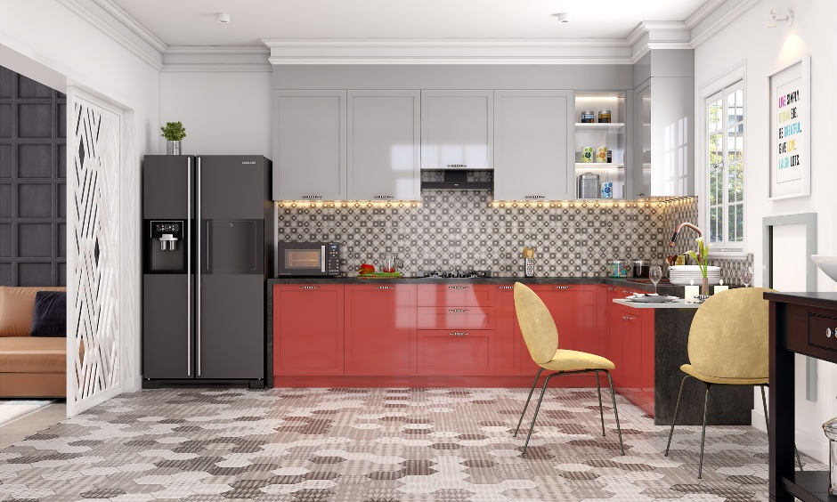 Kitchen design with foldable breakfast table and two yellow chairs