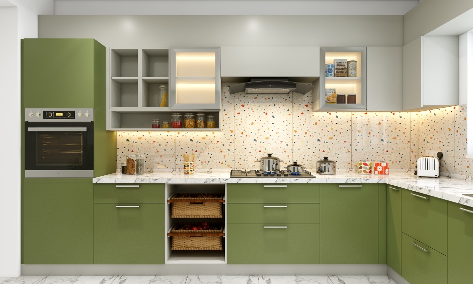 L-shaped kitchen feature two-tiered wicker bascket