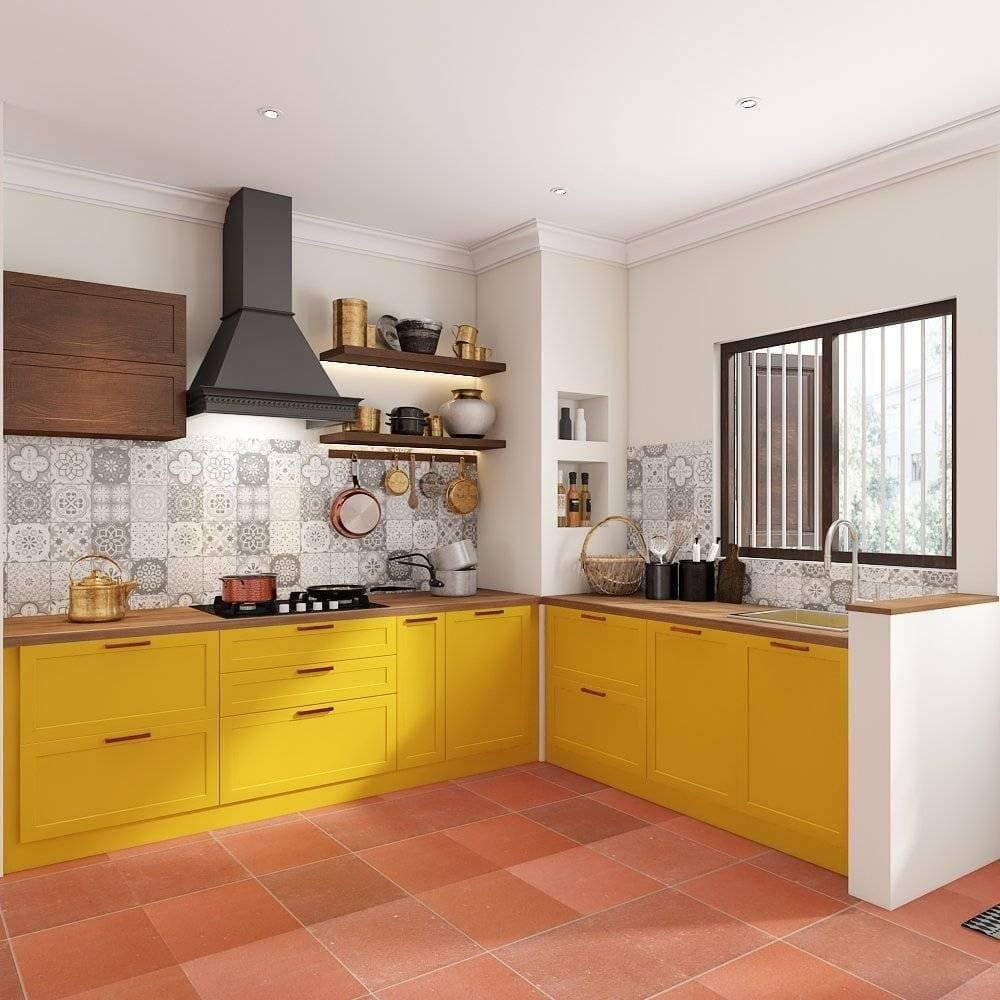 Modular kitchen design in Anna Salai Chennai with a l shape and floating shelves