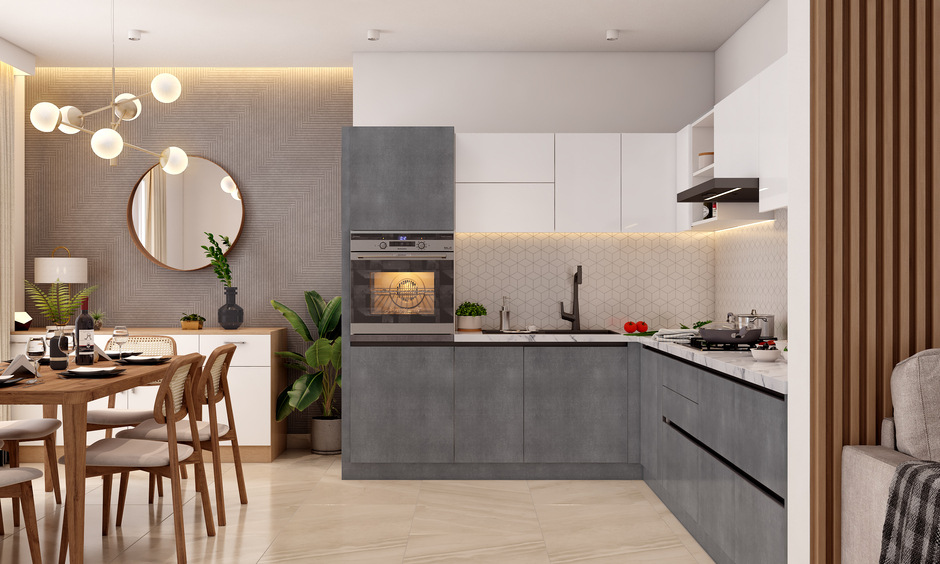 l shaped kitchen with appliance garage and dining table