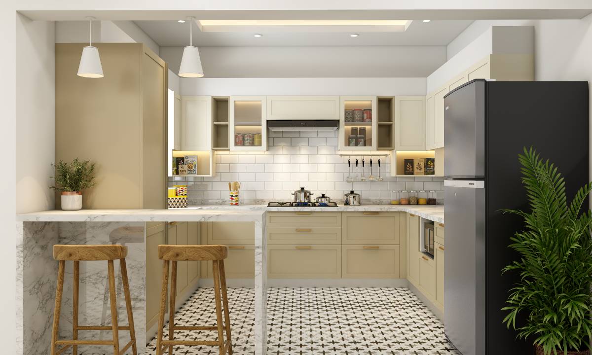 L-shaped modular kitchen in warm beige, suitable for kitchen cost estimator tools