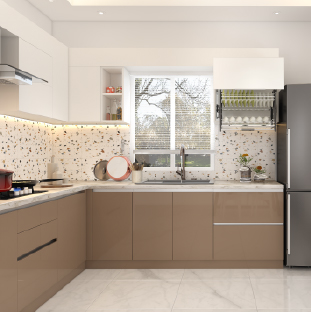 L-shaped modular kitchen with beige cabinets, tailored for modern Kolkata homes