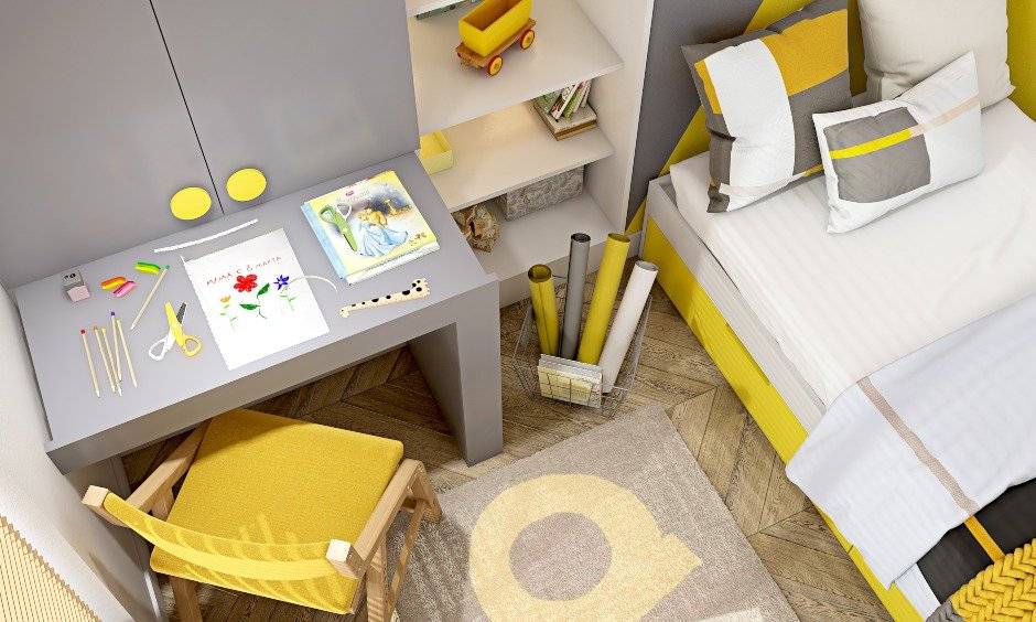 Latest kids bedroom design with an attached study unit in grey