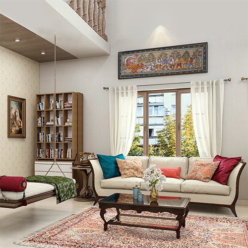 Living room designers in Gachibowli designed a living room with book cabinet