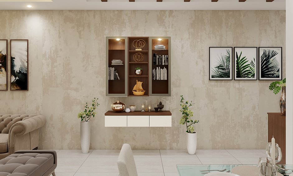 Living room wall-mounted personalised bookshelf interior designers in Bangalore