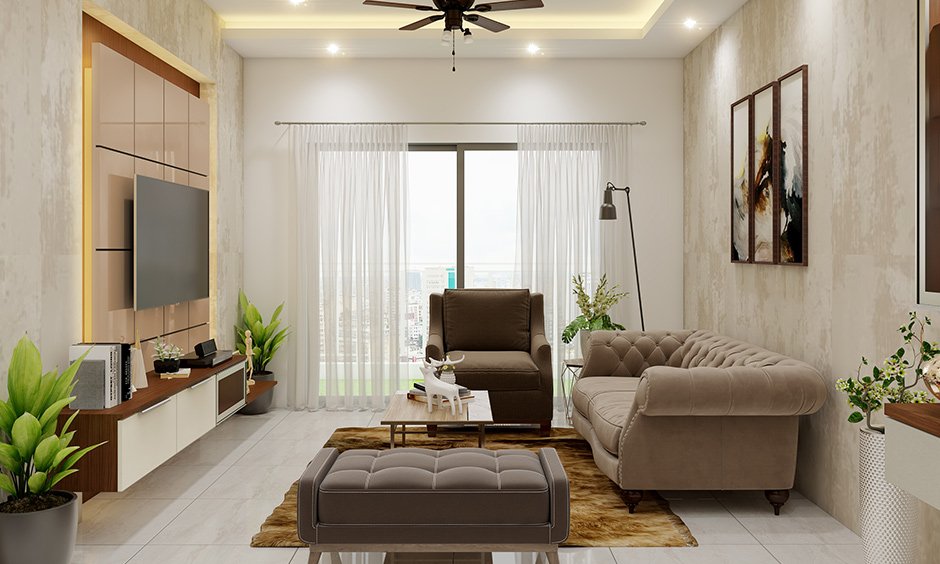 3BHK Flat Living room backlit TV unit along with textured wooden laminate interior decorators in Bangalore