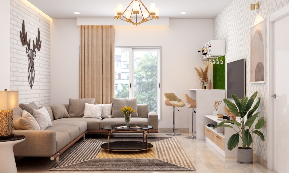 A living room wall designed in white brick with a 3d reindeer art hung on it