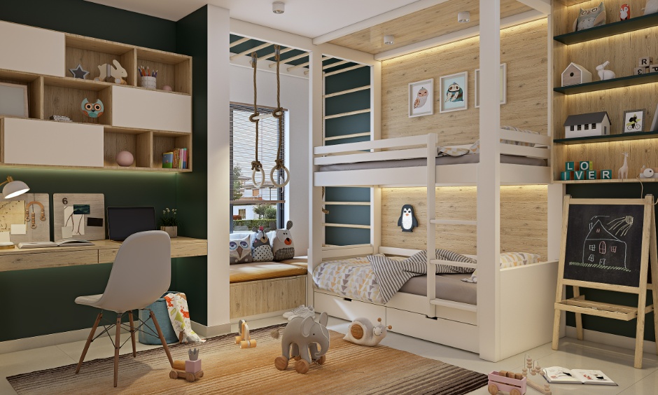 Low budget playroom storage with open shelves, bins and wall organisers for easy access and clutter control.