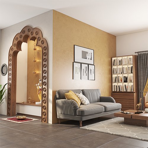 Luxury interior designers in Banjara Hills Hyderabad created living room with pooja unit