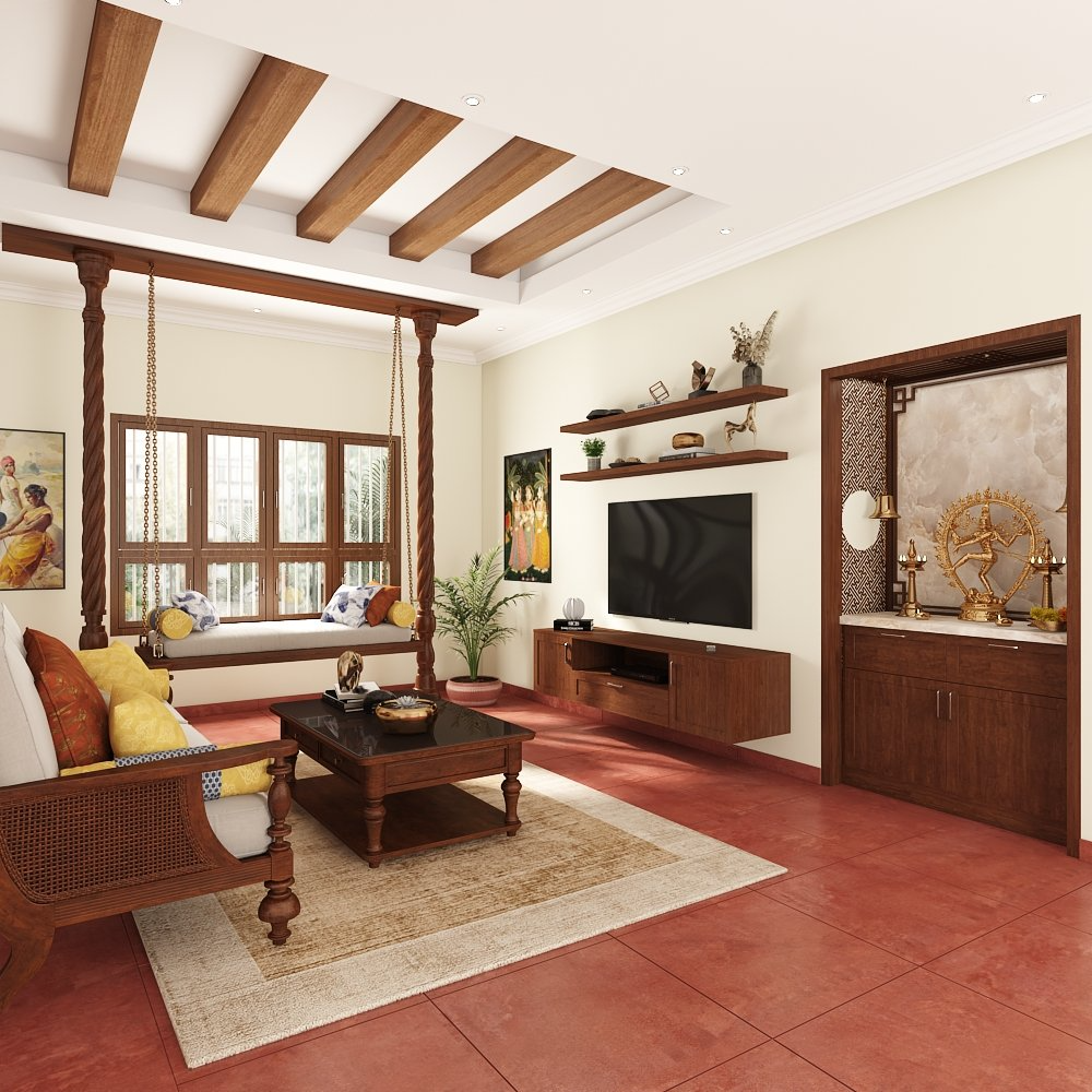 Luxury interior designers in Anna Salai designed living room with pooja unit