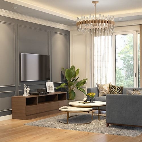 Luxury interior designers in Noida designed a living room with low lying tv unit