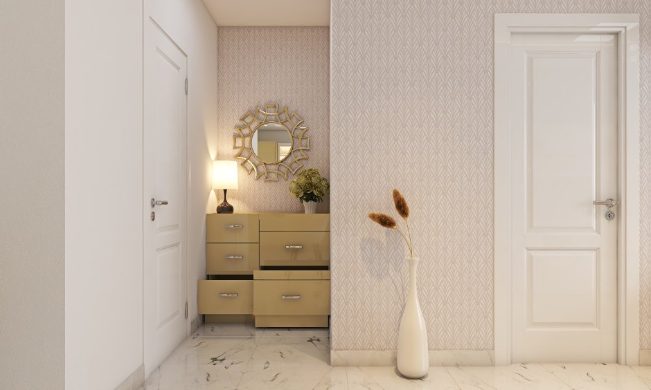 Modern 1bhk house design with a beautiful foyer unit with textured wallpaper